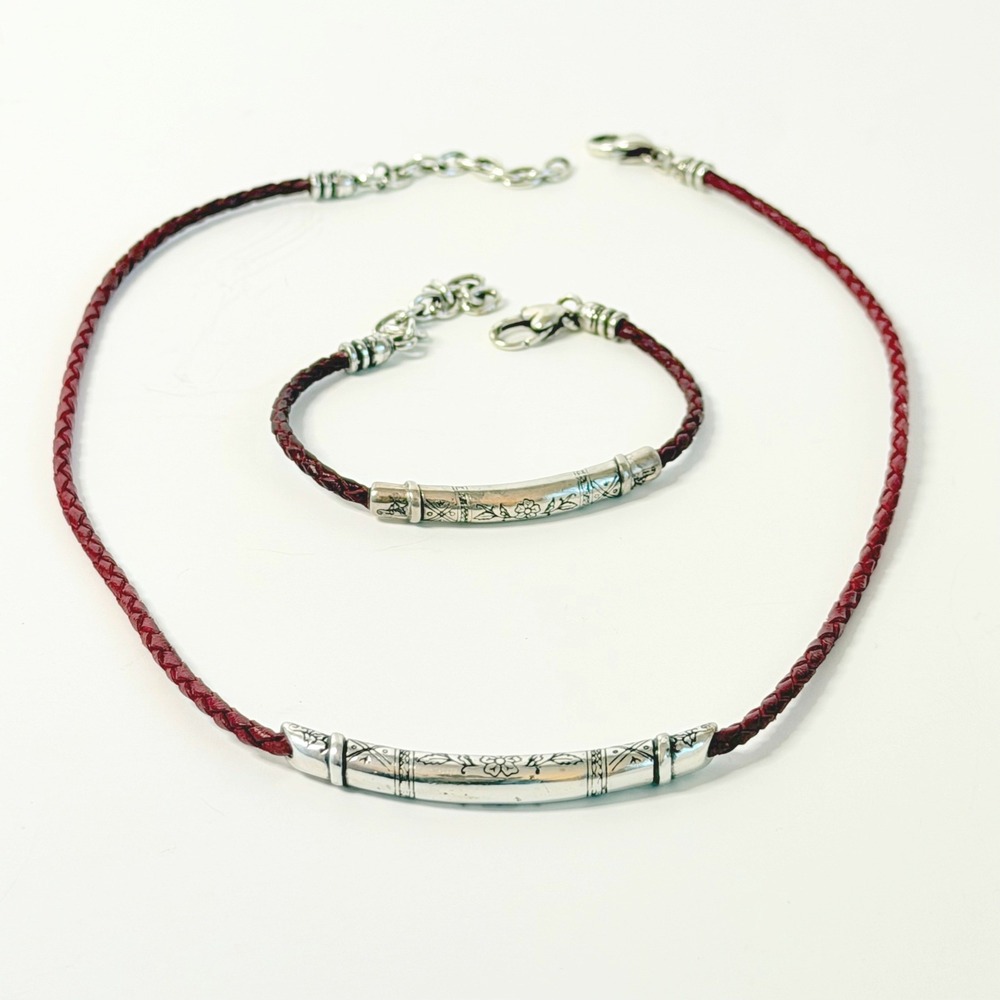 Brighton Necklace and Bracelet Red Braided Leather -Retired Set